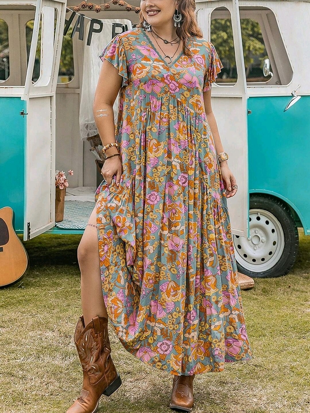 Boho Floral V-Neck Maxi Dress in Pink & Mustard